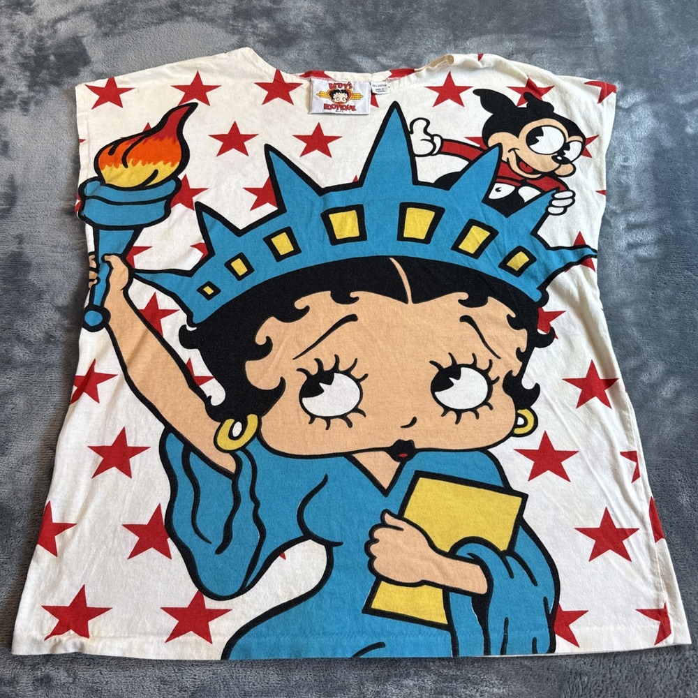 Vintage Betty Boop Statue of Liberty Graphic Cotton Women's T-Shirt Medium